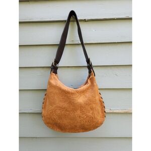 Vintage Y2K Bisou Bisou Hobo Bag Tan Suede Paisley Embossed Whipstitch Medium
